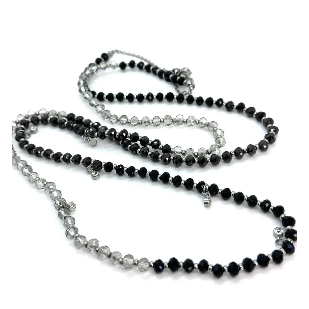 Vera Wang Necklace Black Grey Beaded Silver Tone Rhinestone Long Opera Length